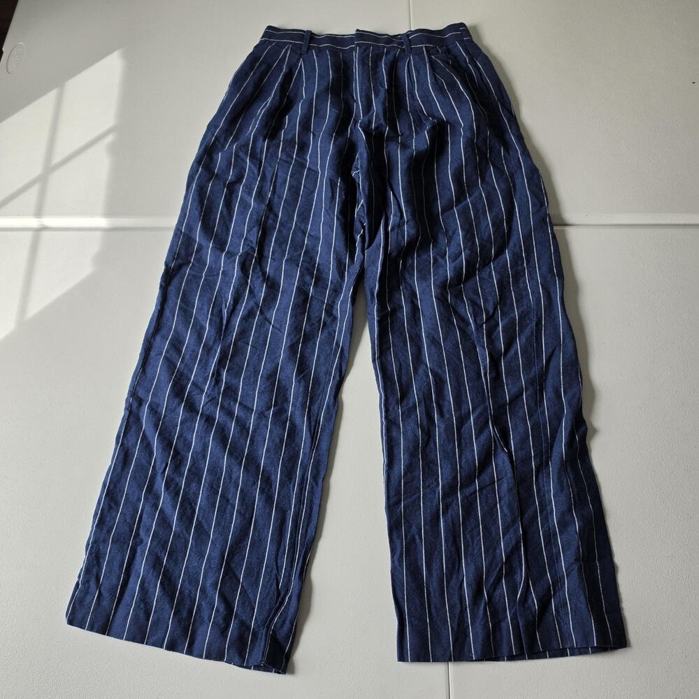 Gap Dress Pants Womens 10 Blue Linen Striped Wide Leg Elastic Waist Casual